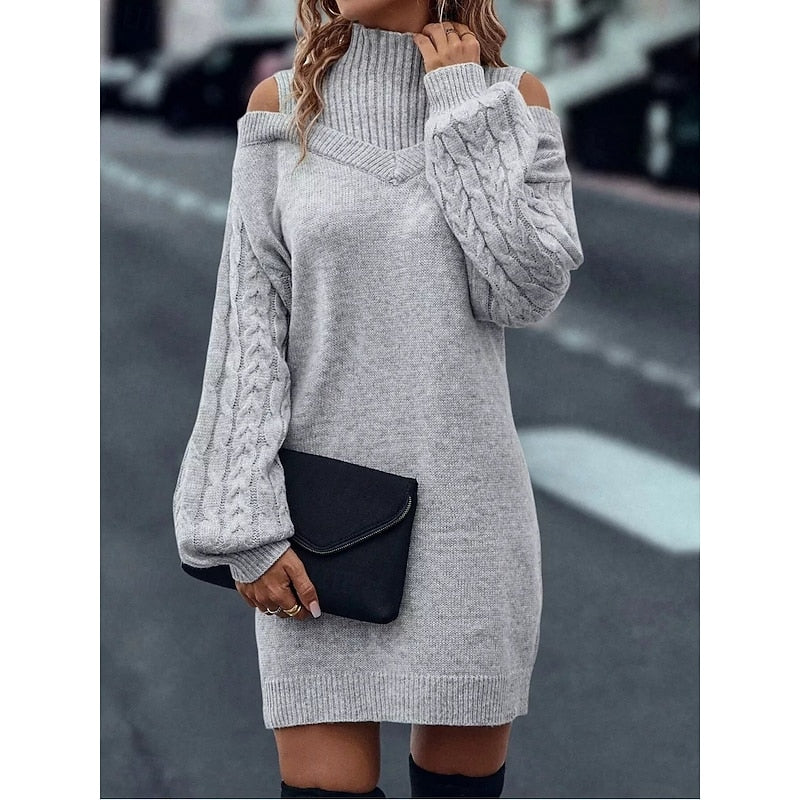 Halvoire | Femme Robe Pull Épaules Dénudées Col Roulé - Camel - Image 6
