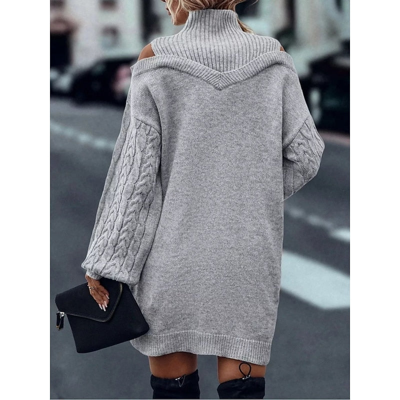 Halvoire | Femme Robe Pull Épaules Dénudées Col Roulé - Camel - Image 8
