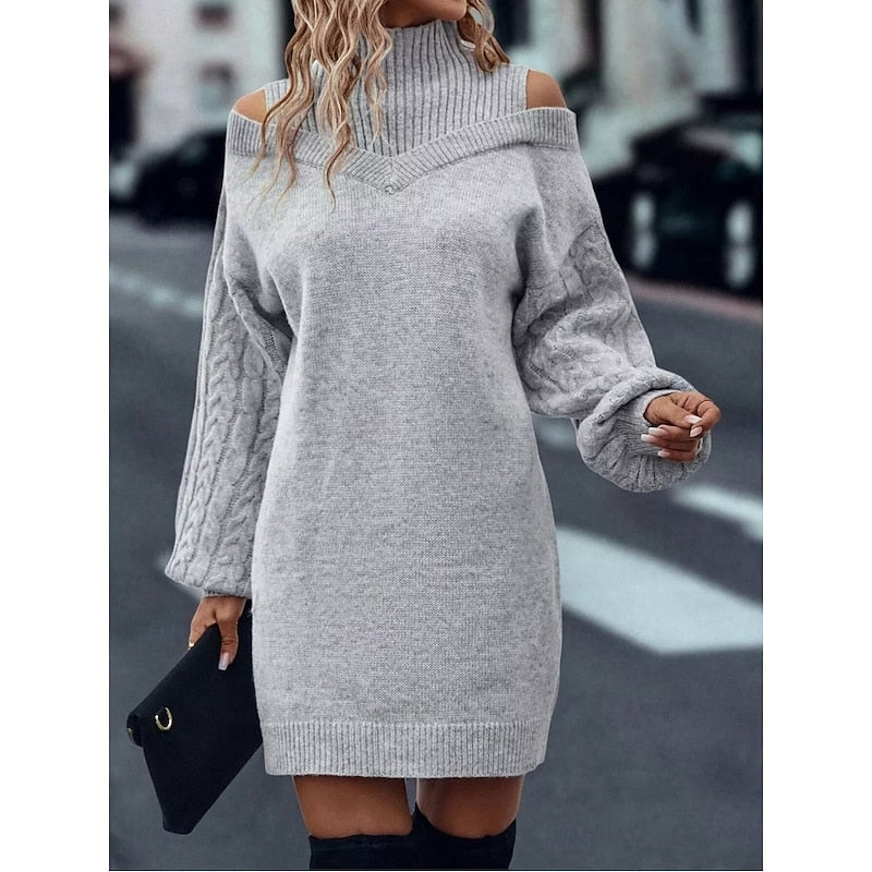 Halvoire | Femme Robe Pull Épaules Dénudées Col Roulé - Camel - Image 9
