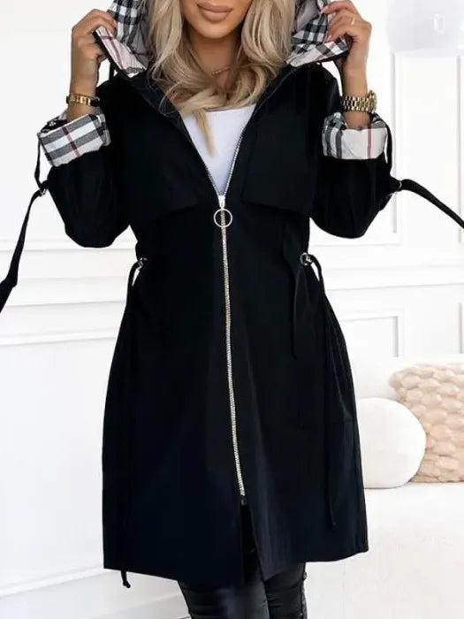 Halvorie | Manteau imperméable femme à capuche zippé - Taupe - Image 3