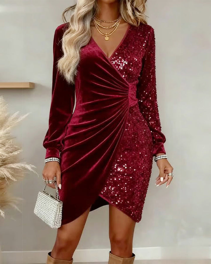 Harvène | Femme Robe Portefeuille Velours Sequins Mini - Gold - Image 3