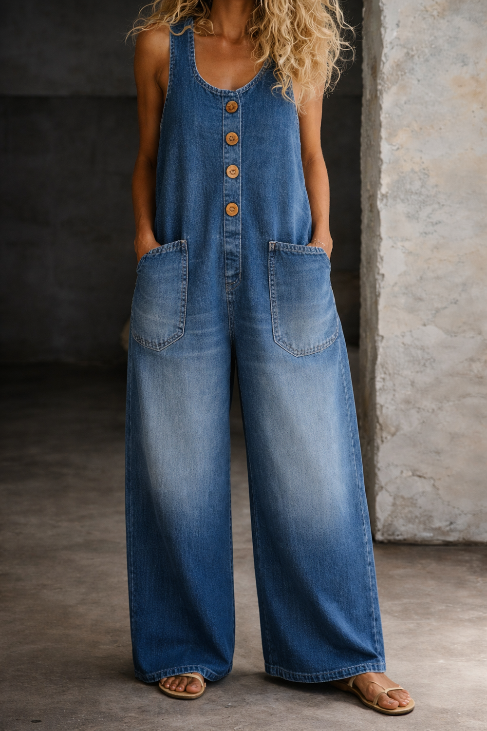 Indra | Women's Sleeveless Wide Leg Denim Overalls - Blue - Image 2
