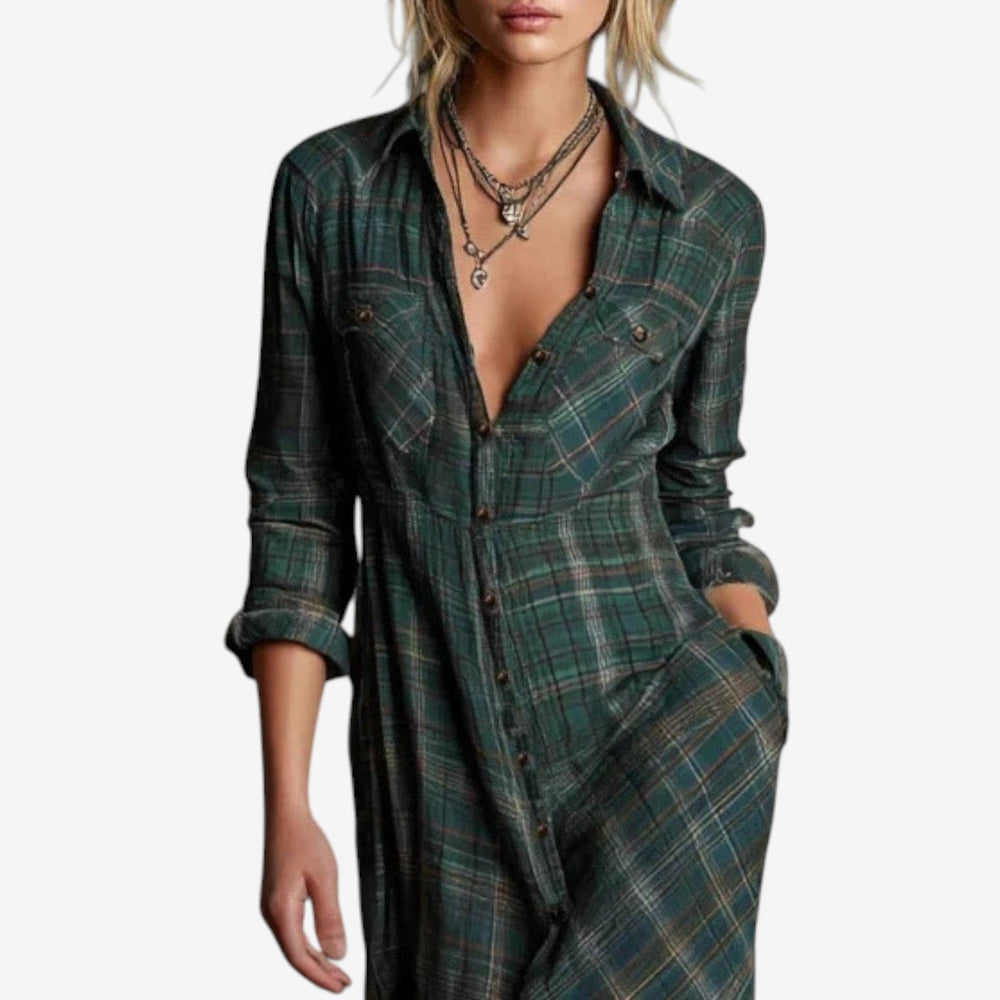 Junessa | Women's Plaid Collared Long Sleeve Maxi Dress - Green - Image 2