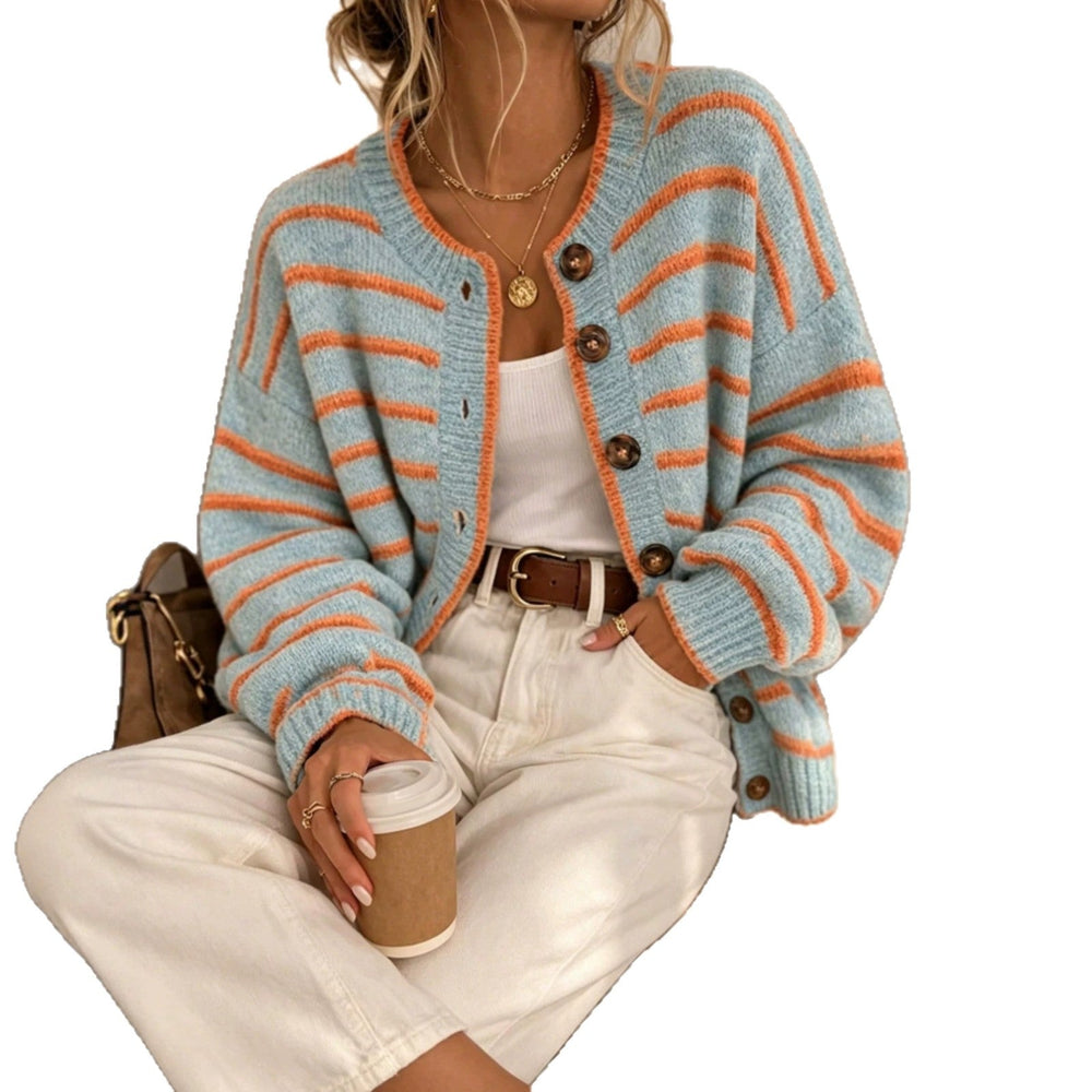 Liravande | Femme Cardigan Rayé Col Rond Boutons - Striped - Image 2