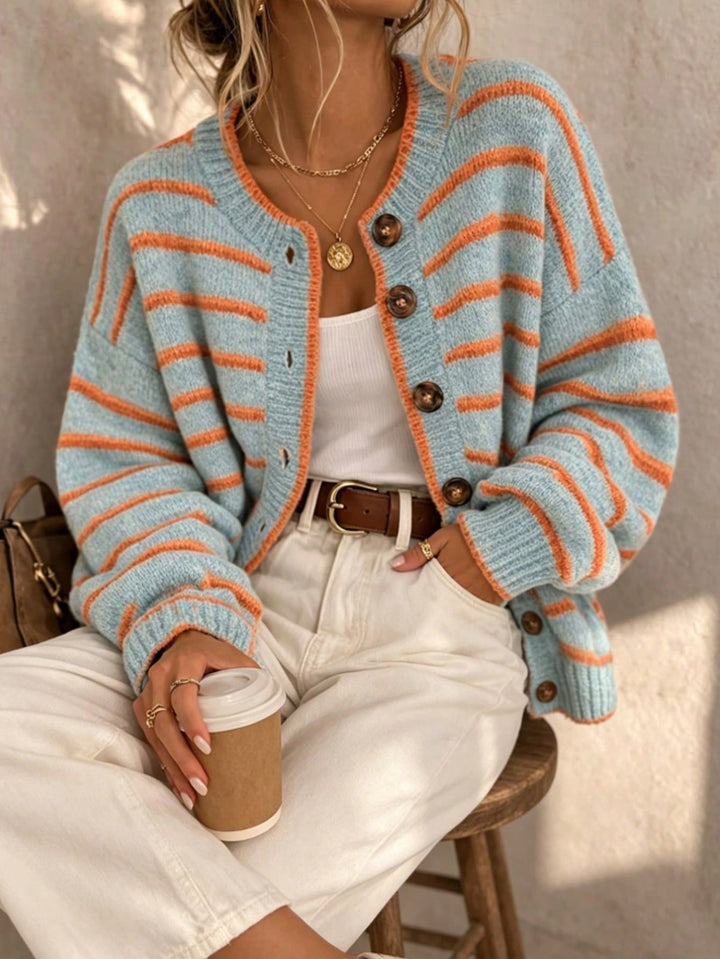 Liravande | Femme Cardigan Rayé Col Rond Boutons - Striped - Image 3