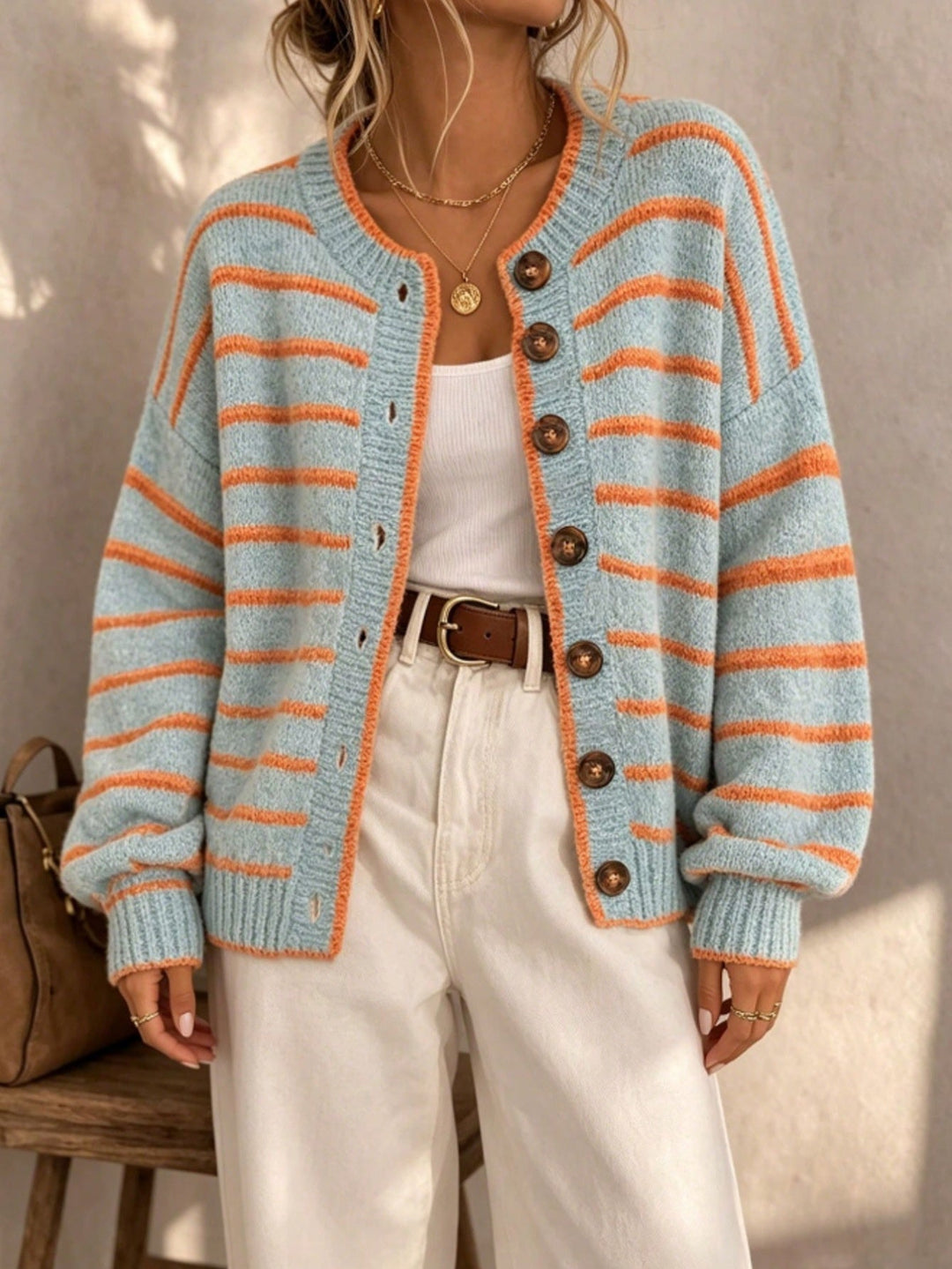 Liravande | Femme Cardigan Rayé Col Rond Boutons - Striped - Image 4