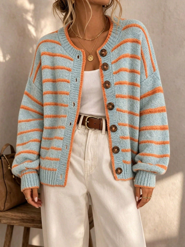 Liravande | Femme Cardigan Rayé Col Rond Boutons - Striped - Image 4