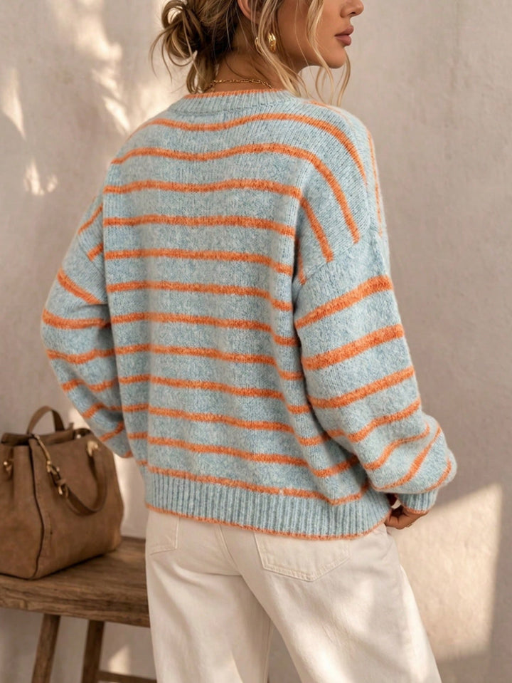Liravande | Femme Cardigan Rayé Col Rond Boutons - Striped - Image 5