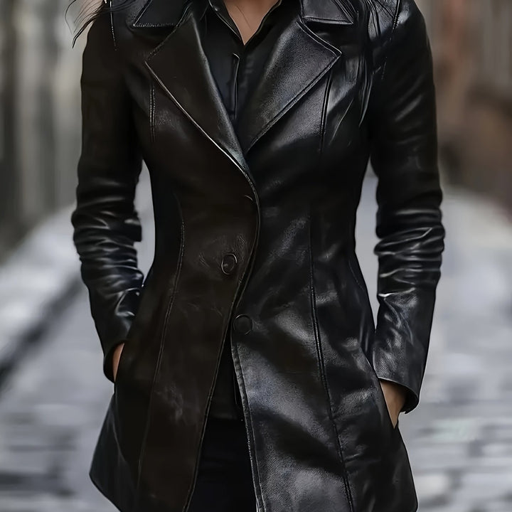Liravène | Manteau Femme Simili Cuir Mi-Long Ajusté - Black - Image 1