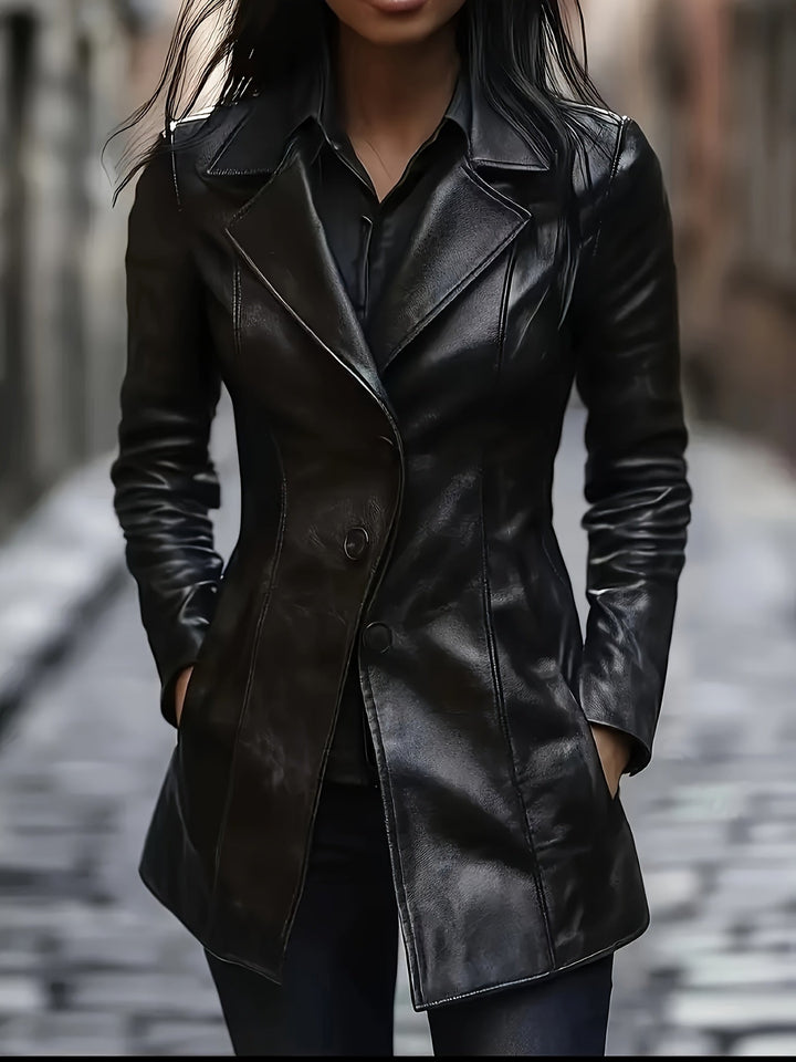 Liravène | Manteau Femme Simili Cuir Mi-Long Ajusté - Black - Image 2