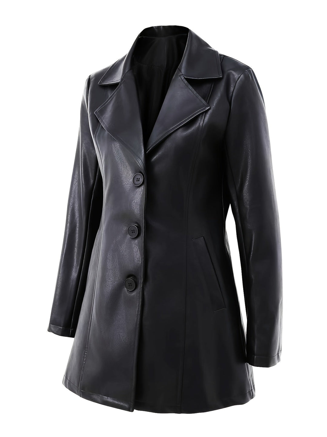 Liravène | Manteau Femme Simili Cuir Mi-Long Ajusté - Black - Image 3