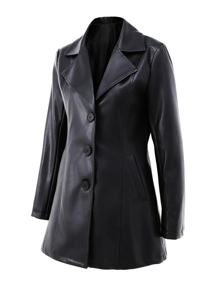 Liravène | Manteau Femme Simili Cuir Mi-Long Ajusté - Black - Image 3
