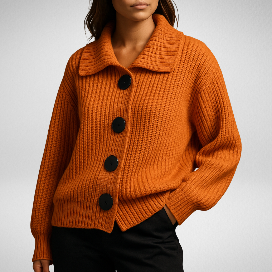 Léonie | Gilet en Maille Femme Col Chemise Boutons - Orange - Image 1