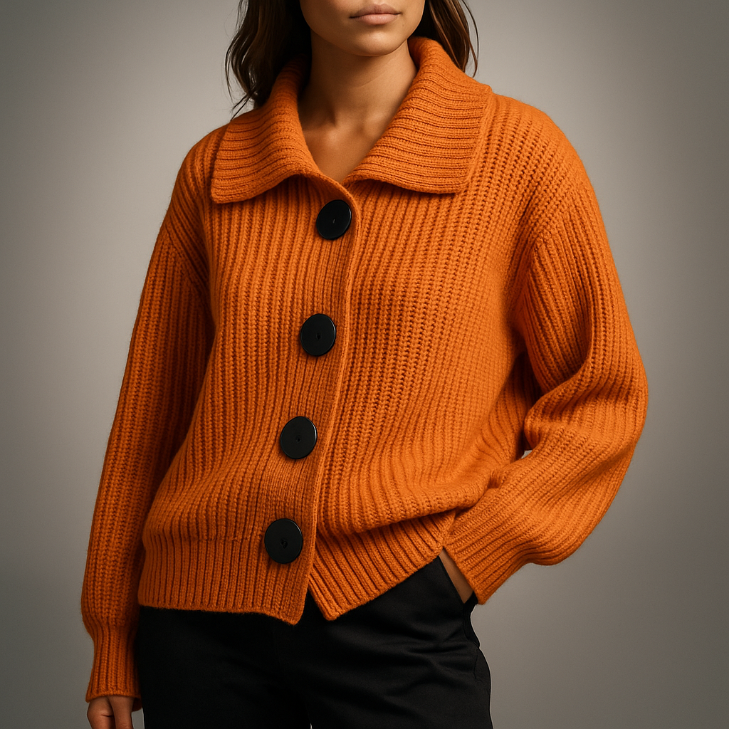 Léonie | Gilet en Maille Femme Col Chemise Boutons - Orange - Image 2