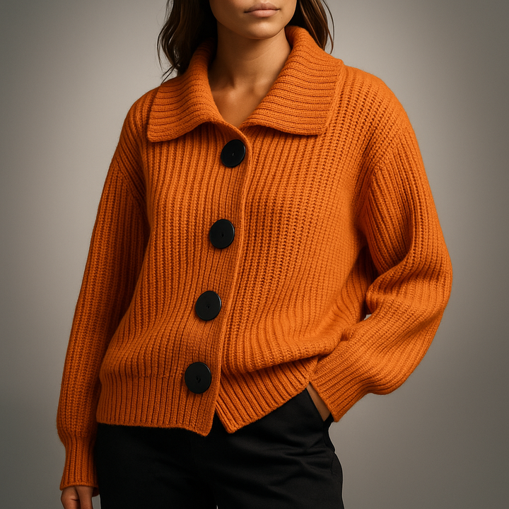 Léonie | Gilet en Maille Femme Col Chemise Boutons - Orange - Image 2