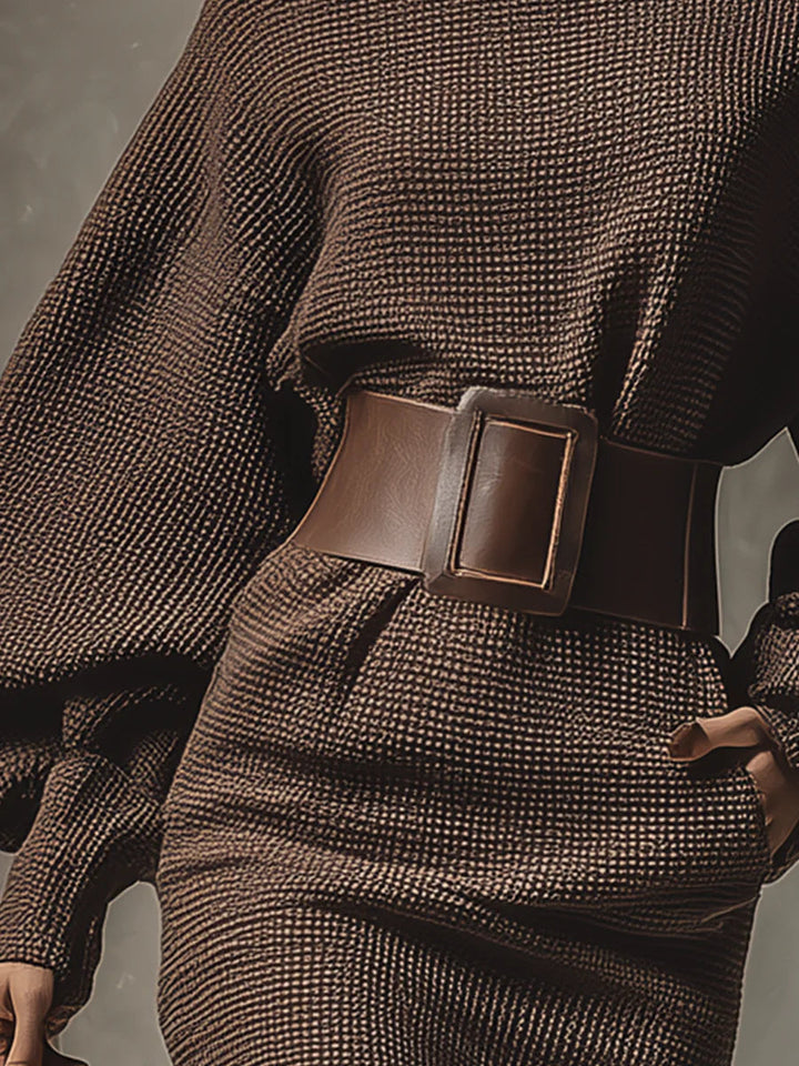 Loriève | Femme Robe Pull en Maille Ceinturée Mini - Brown - Image 3