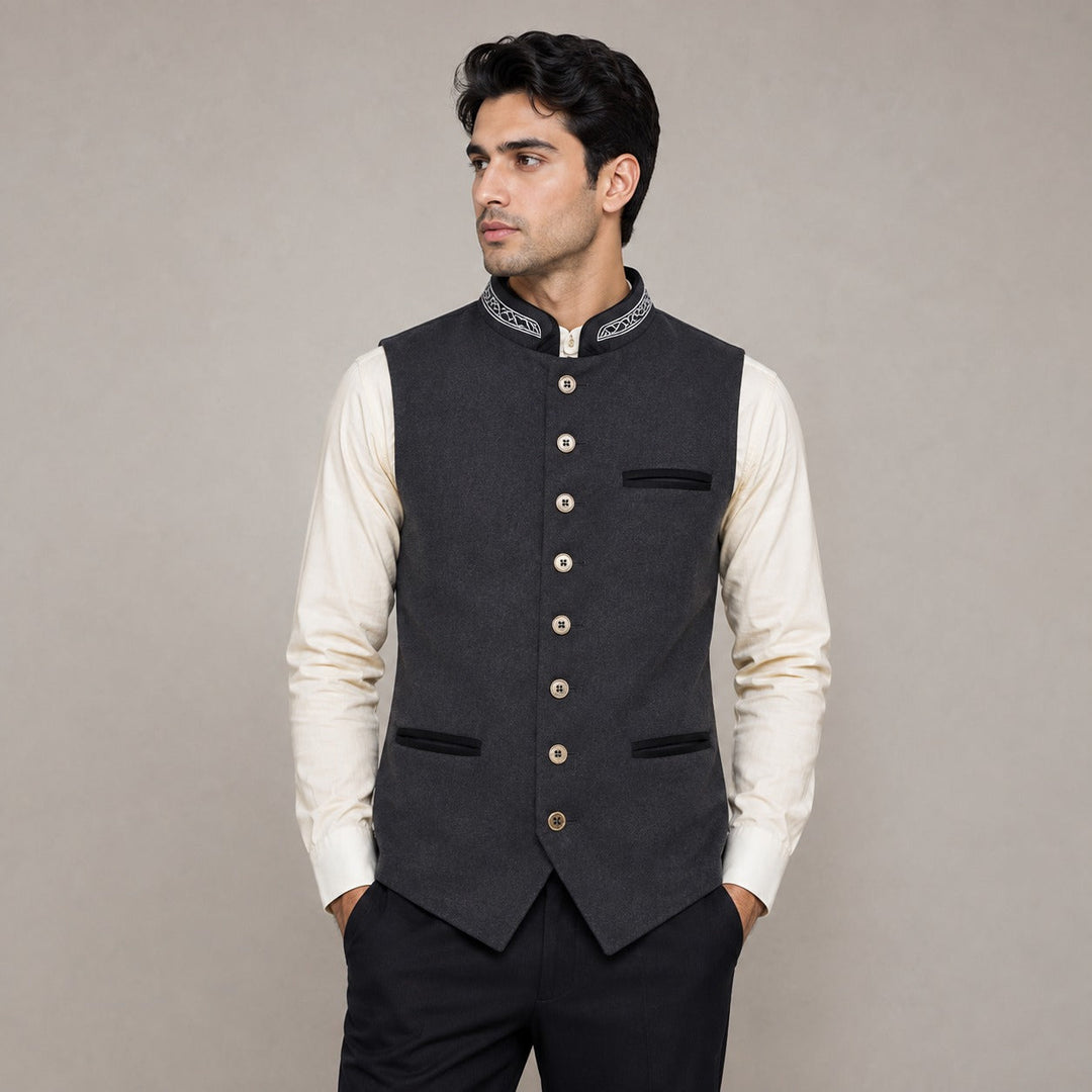 Lorvand | Homme Gilet Col Montant Boutonné Gris - Dark Grey - Image 1