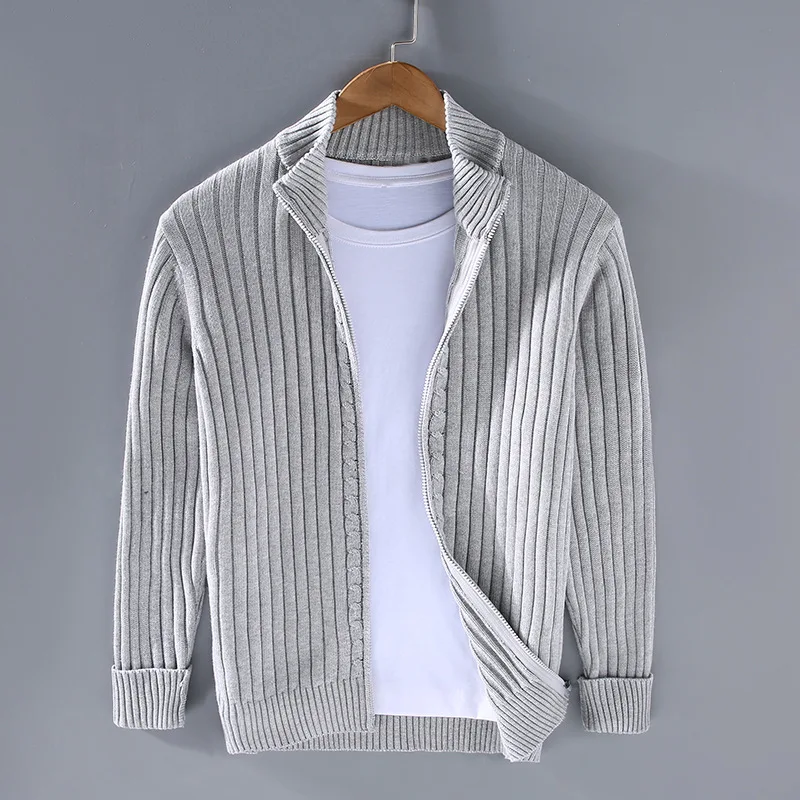 Lorvand | Homme Pull Zippé Maille Côtelée - Light Grey - Image 1