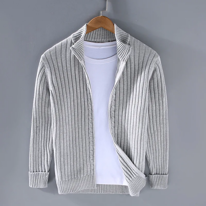 Lorvand | Homme Pull Zippé Maille Côtelée - Light Grey - Image 1