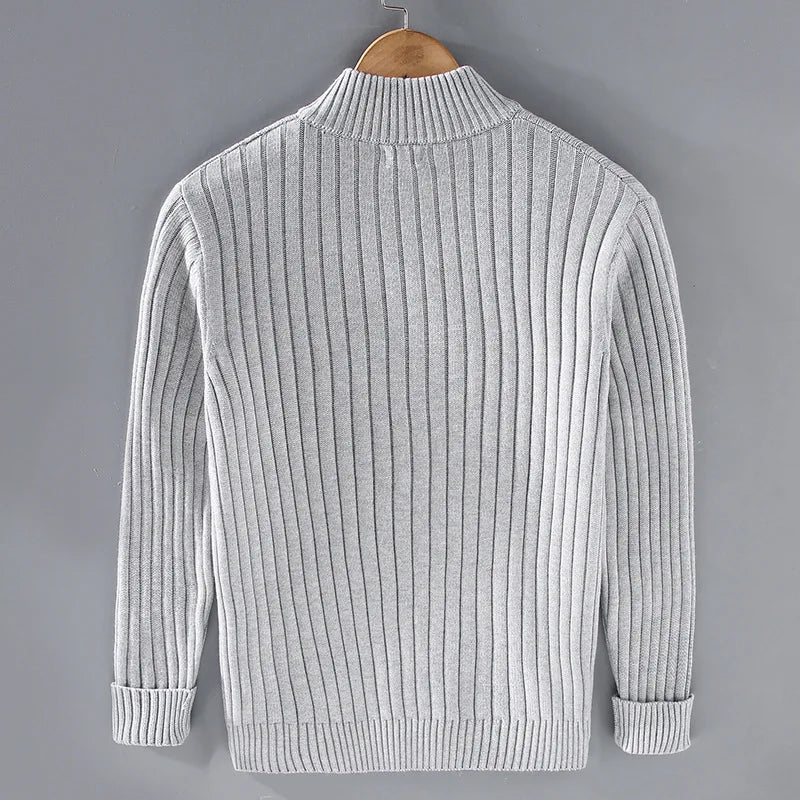 Lorvand | Homme Pull Zippé Maille Côtelée - Light Grey - Image 2