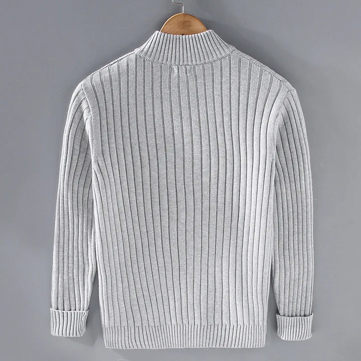 Lorvand | Homme Pull Zippé Maille Côtelée - Light Grey - Image 2