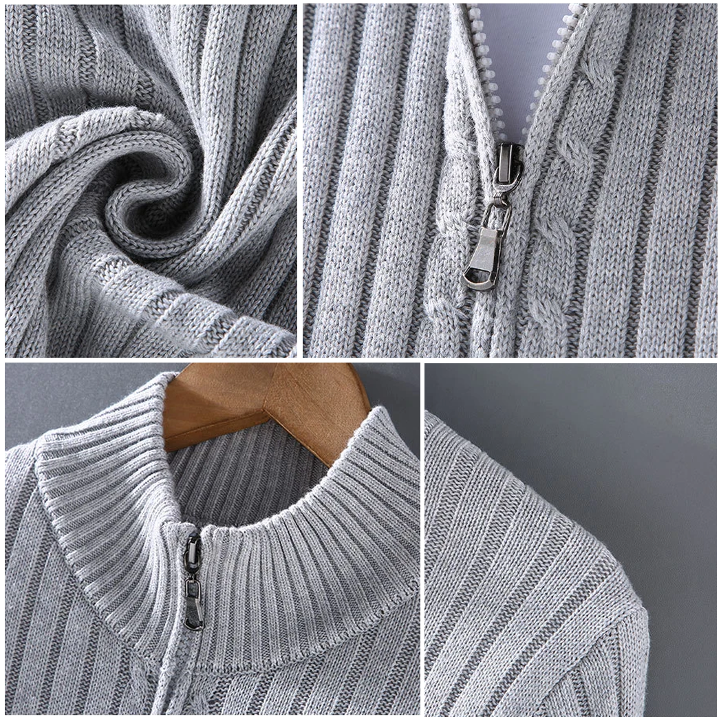 Lorvand | Homme Pull Zippé Maille Côtelée - Light Grey - Image 3