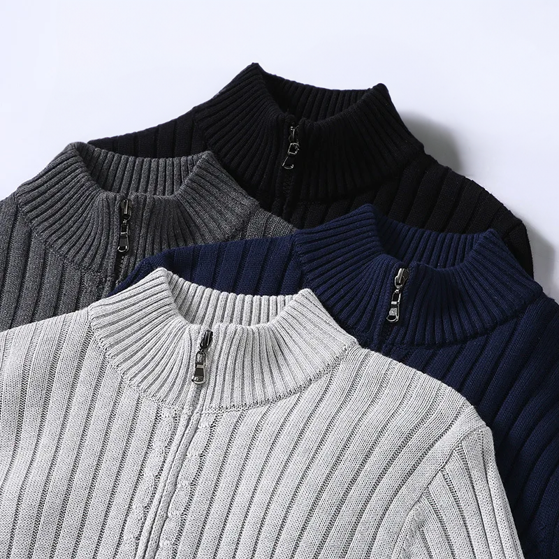 Lorvand | Homme Pull Zippé Maille Côtelée - Light Grey - Image 4