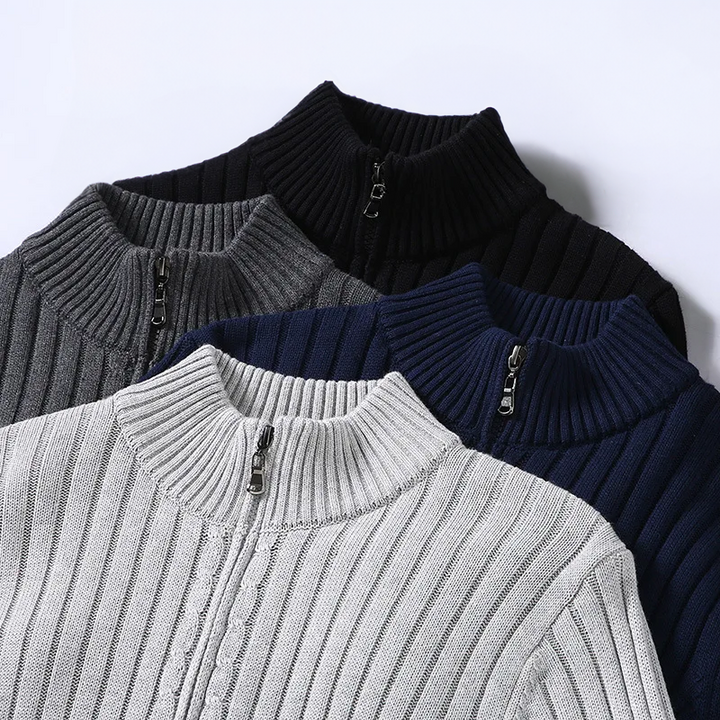 Lorvand | Homme Pull Zippé Maille Côtelée - Light Grey - Image 4