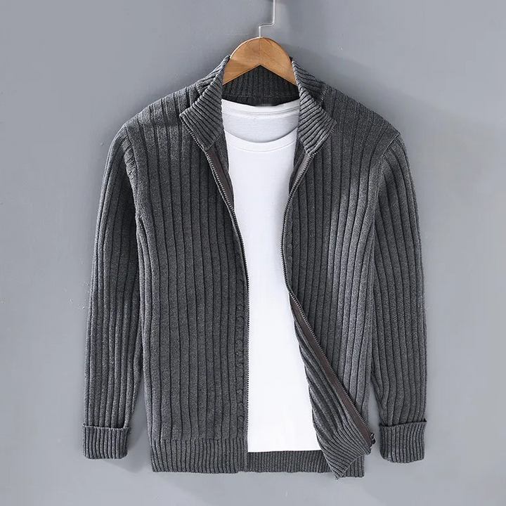 Lorvand | Homme Pull Zippé Maille Côtelée - Light Grey - Image 7