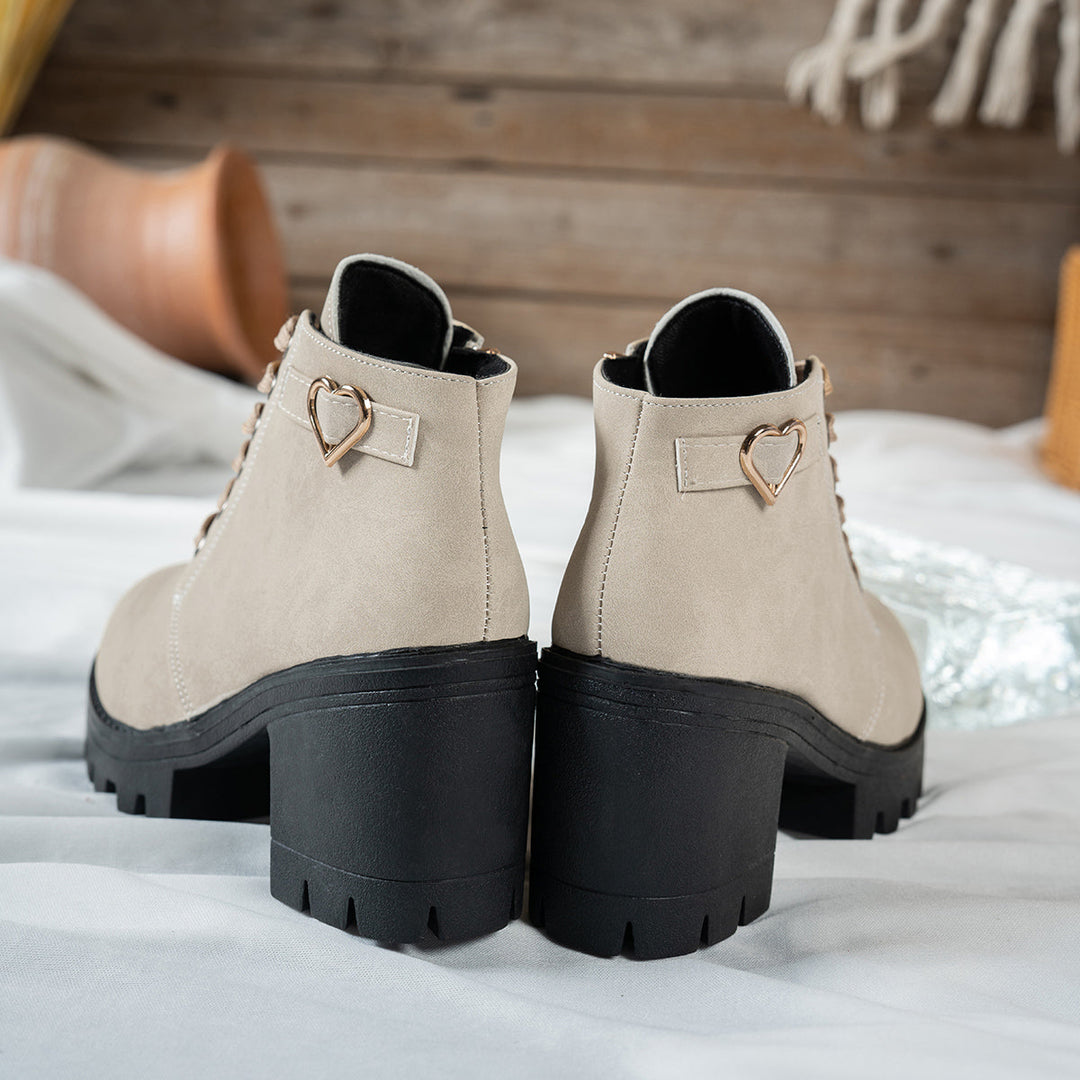 Lorvane | Femme Bottines à Lacets Talon Bloc - Beige - Image 1