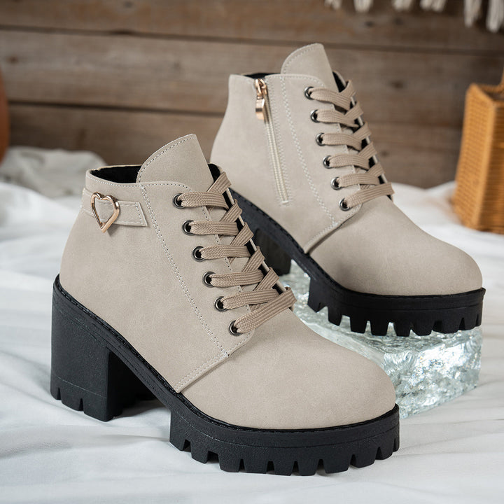 Lorvane | Femme Bottines à Lacets Talon Bloc - Beige - Image 10