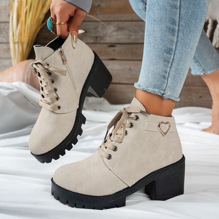 Lorvane | Femme Bottines à Lacets Talon Bloc - Beige - Image 2