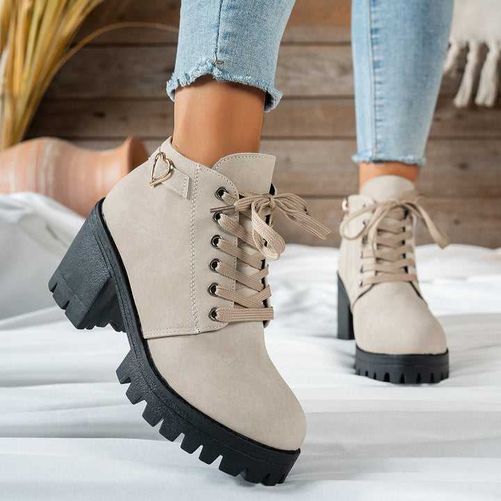 Lorvane | Femme Bottines à Lacets Talon Bloc - Beige - Image 8