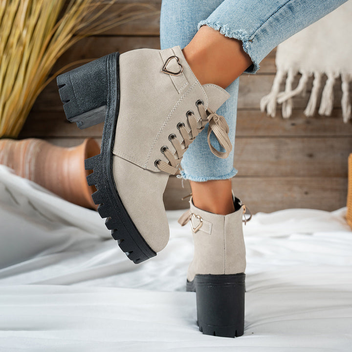 Lorvane | Femme Bottines à Lacets Talon Bloc - Beige - Image 9