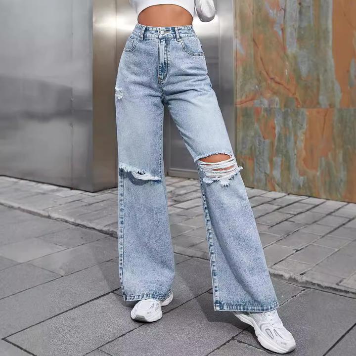 Lorvhèle | Femme Jean Large Taille Haute Déchiré - Light Blue - Image 1