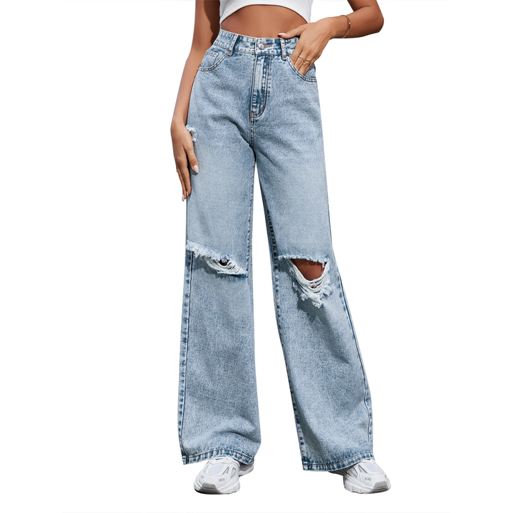 Lorvhèle | Femme Jean Large Taille Haute Déchiré - Light Blue - Image 2