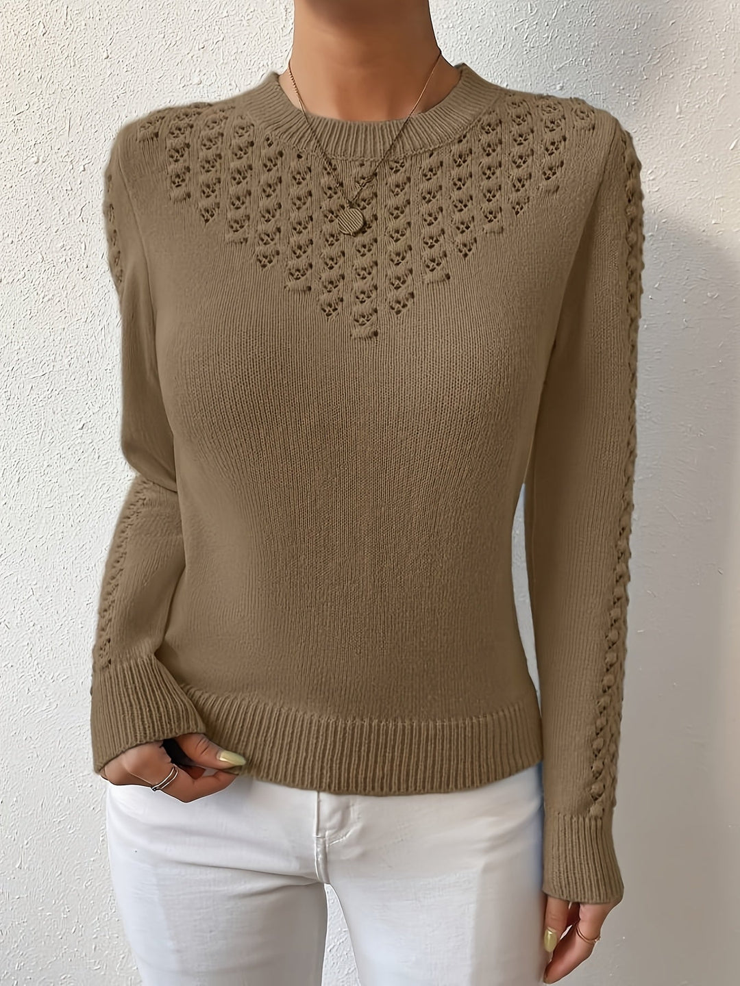 Lorvène | Pull Femme Ajouré Manches Longues Col Rond - Light Blue - Image 13