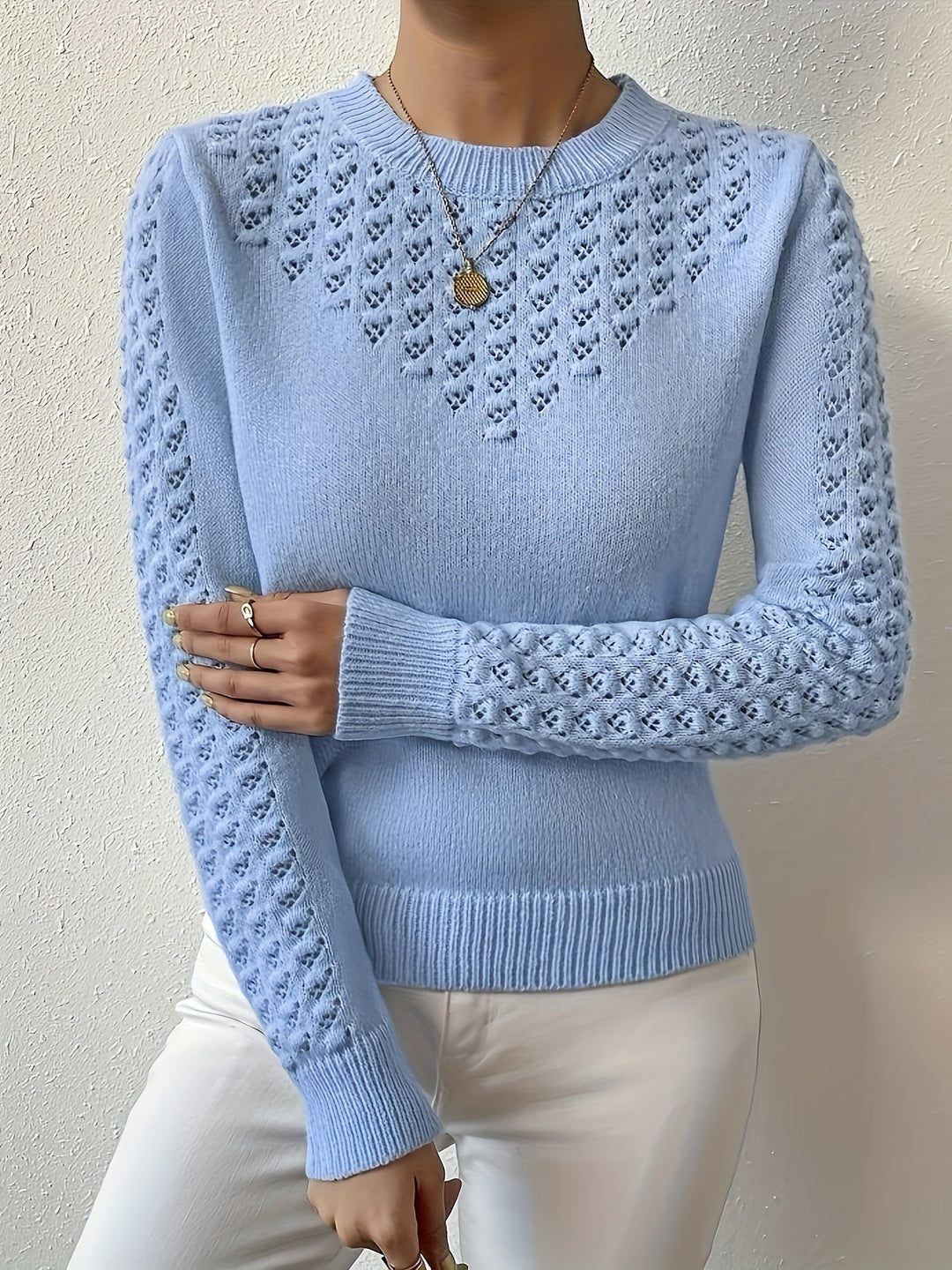 Lorvène | Pull Femme Ajouré Manches Longues Col Rond - Light Blue - Image 2