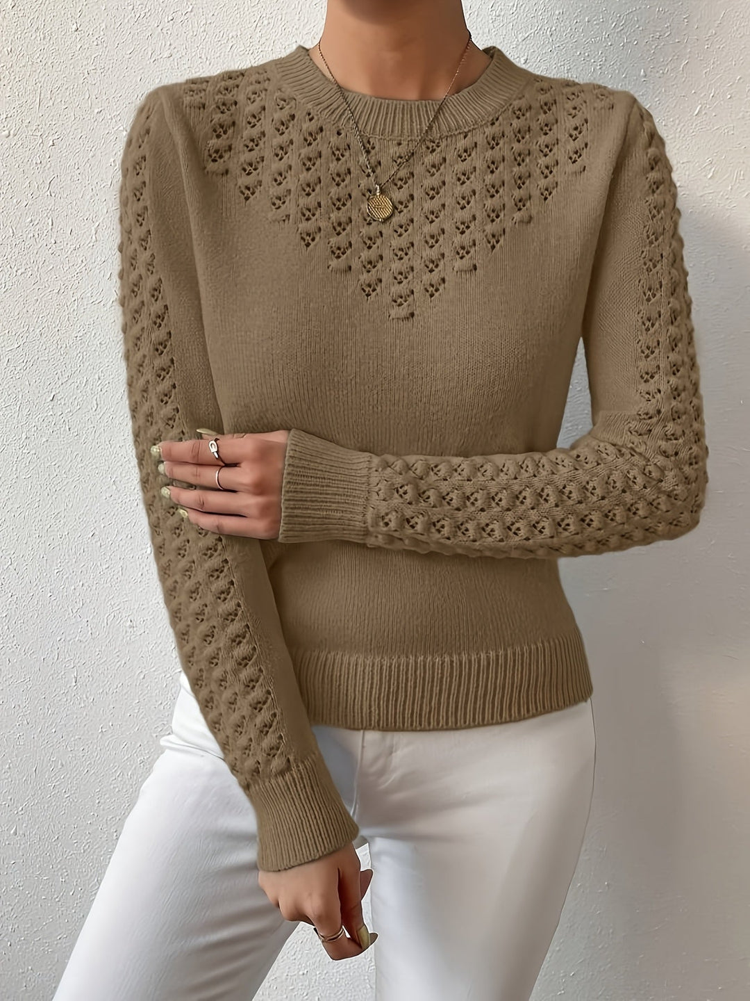 Lorvène | Pull Femme Ajouré Manches Longues Col Rond - Light Blue - Image 9