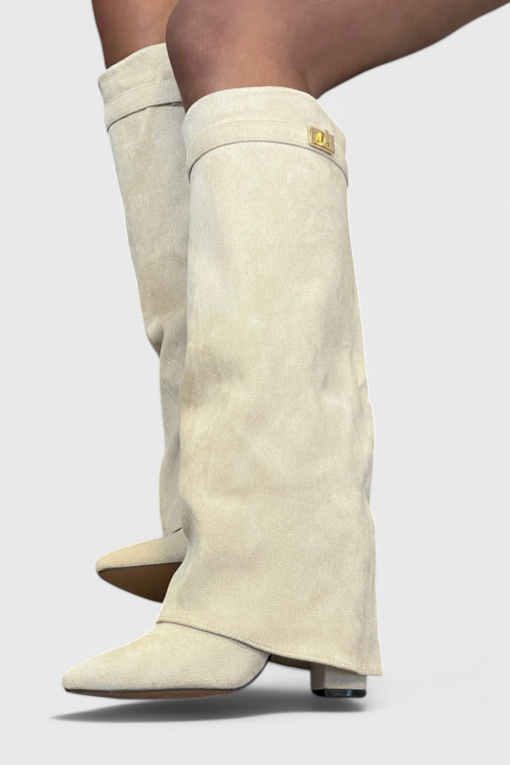 Léovyne | Bottes Femme Genou Rabattables Daim - Beige - Image 1