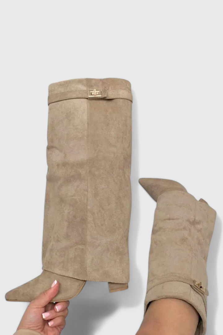 Léovyne | Bottes Femme Genou Rabattables Daim - Beige - Image 2