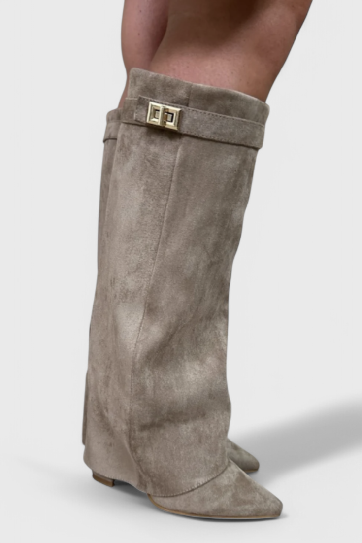 Léovyne | Bottes Femme Genou Rabattables Daim - Beige - Image 3