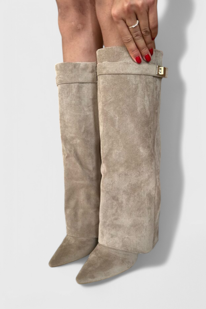 Léovyne | Bottes Femme Genou Rabattables Daim - Beige - Image 6
