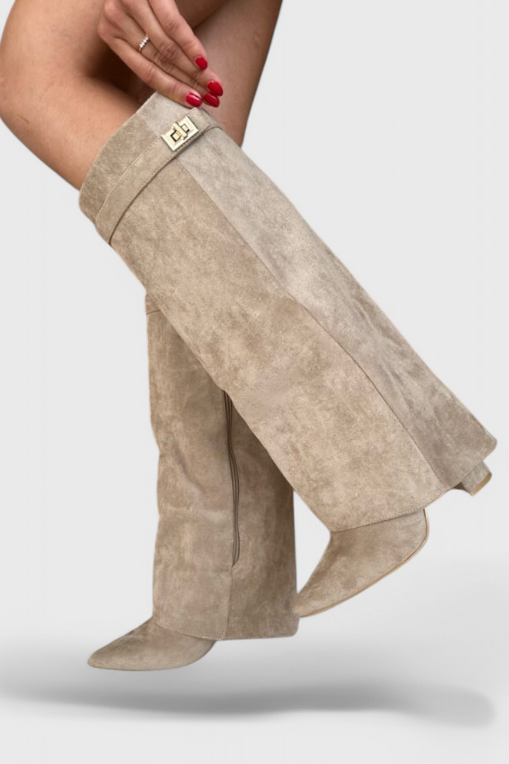 Léovyne | Bottes Femme Genou Rabattables Daim - Beige - Image 7