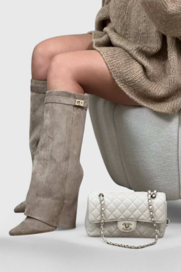 Léovyne | Bottes Femme Genou Rabattables Daim - Beige - Image 8