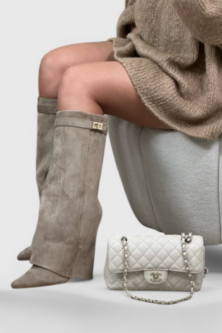 Léovyne | Bottes Femme Genou Rabattables Daim - Beige - Image 8