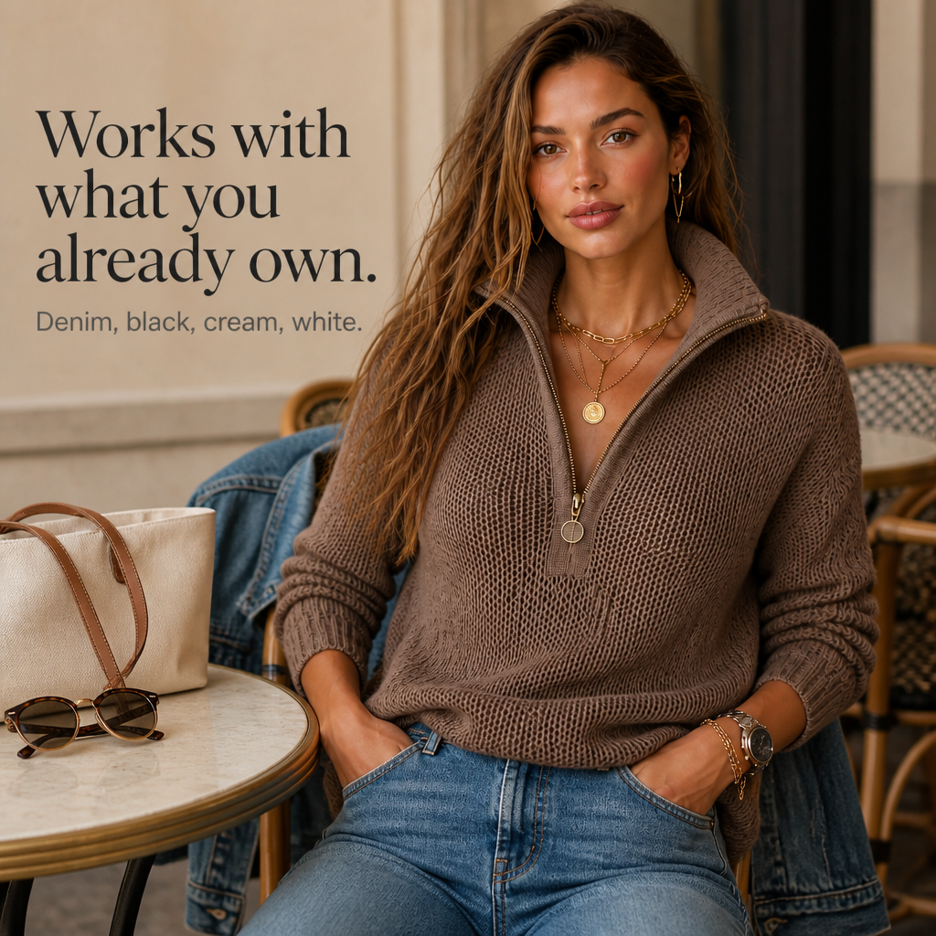 Élowande | Pull Femme Col Zippé en Maille - Taupe - Image 8