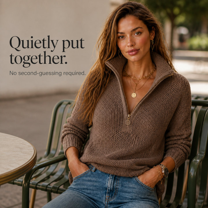 Élowande | Pull Femme Col Zippé en Maille - Taupe - Image 9