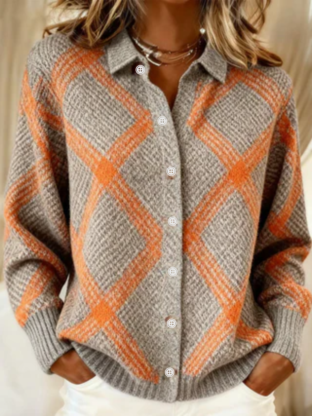 Élowarde | Femme Pull Argyle Boutonné Tricot - Grey - Image 1