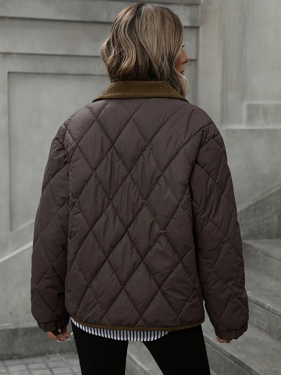 Élowïne | Femme Veste Matelassée Col Velours - Dark Brown - Image 2